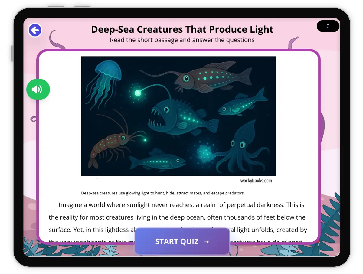 Interactive — Reading Comprehension preview: Deep-Sea Creatures That Produce Light covering  standards - Page 1 of 1