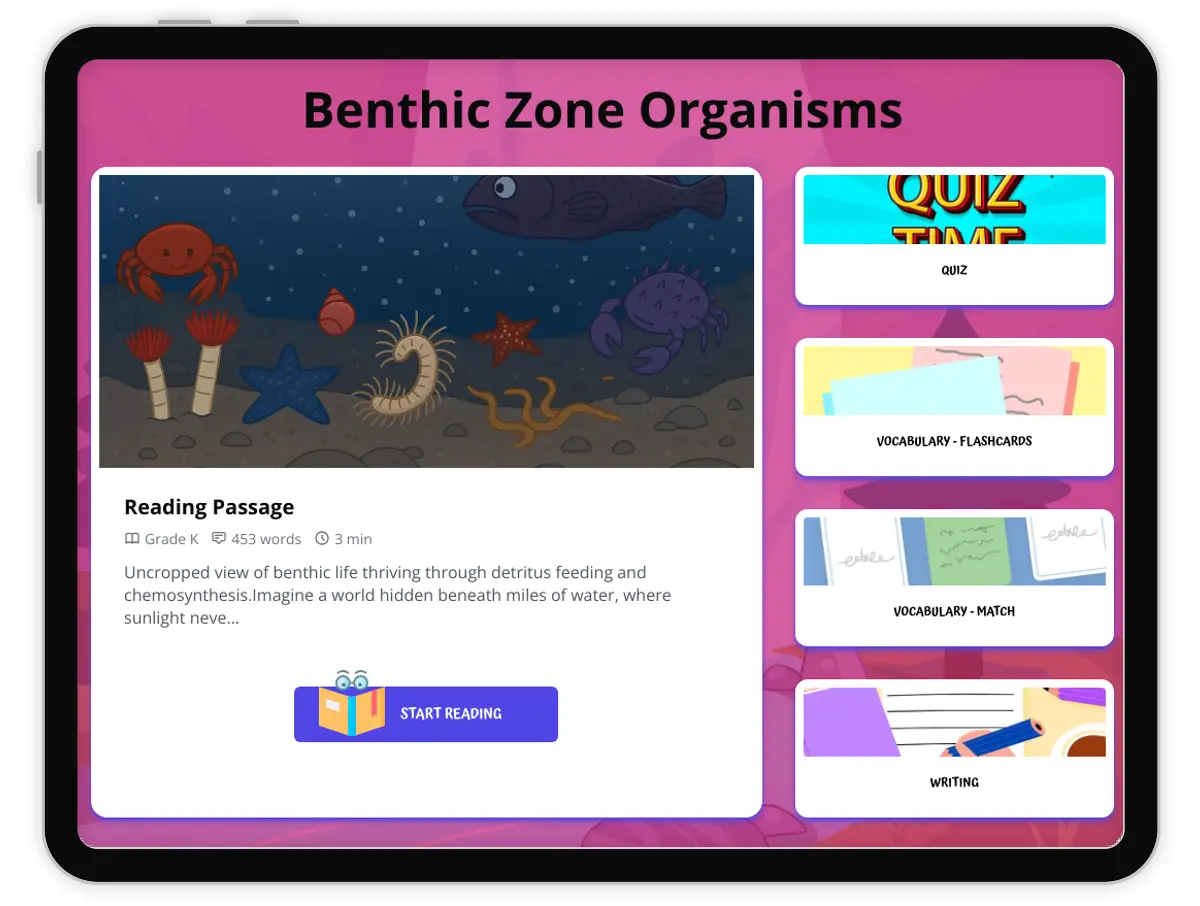 Interactive — Reading Comprehension preview: Benthic Zone Organisms covering  standards - Page 1 of 1