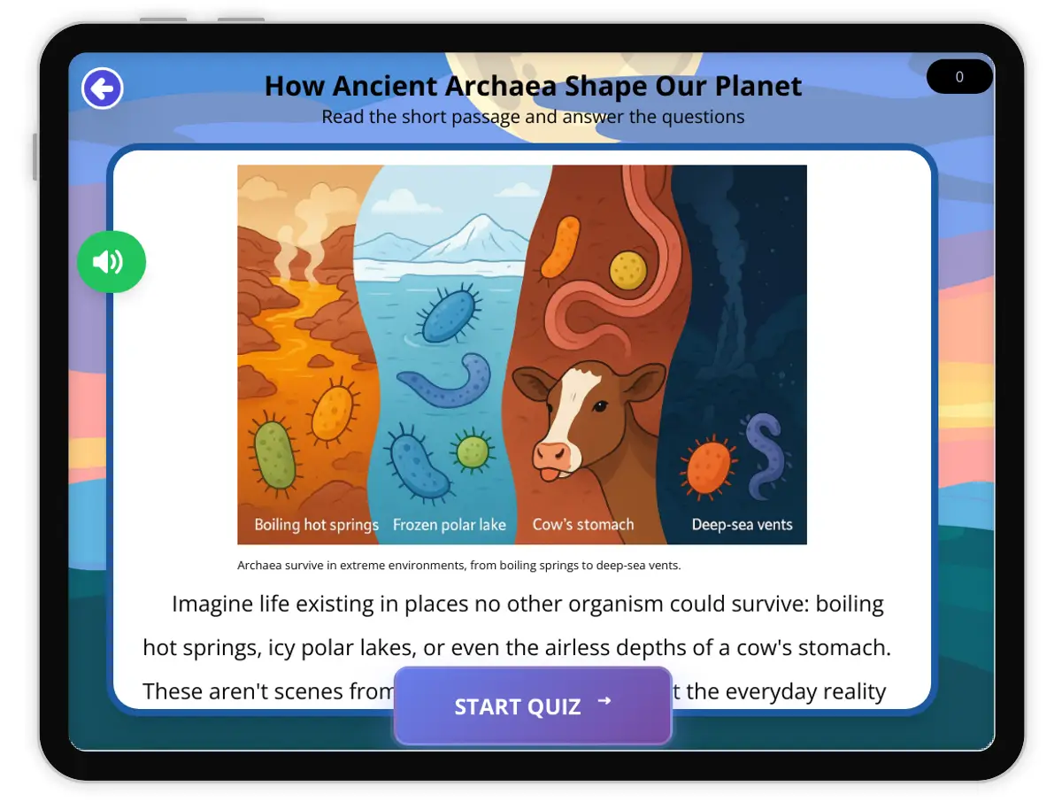 Interactive — Reading Comprehension preview: How Ancient Archaea Shape Our Planet covering  standards - Page 1 of 1