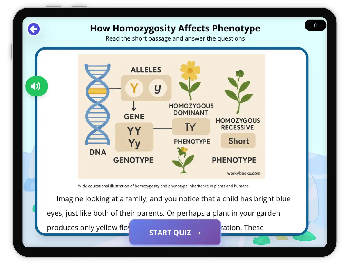 Interactive — Reading Comprehension preview: How Homozygosity Affects Phenotype covering  standards - Page 1 of 1