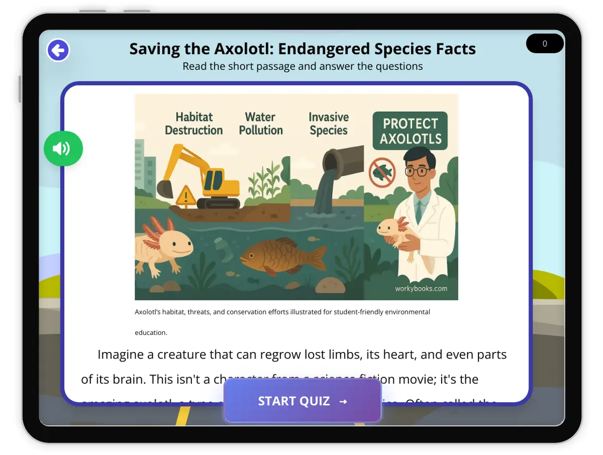 Interactive — Reading Comprehension preview: Saving the Axolotl: Endangered Species Facts covering  standards - Page 1 of 1