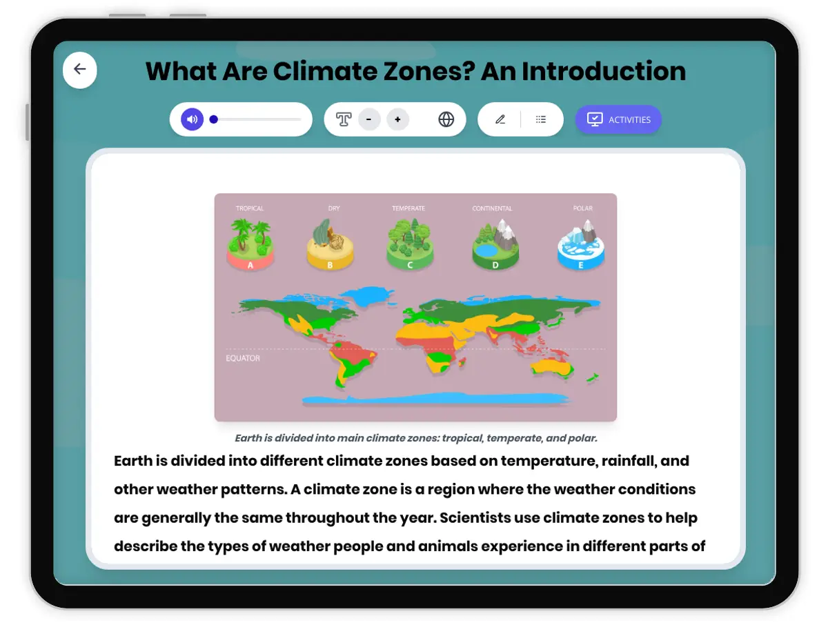 Interactive — Reading Comprehension preview: What Are Climate Zones?  covering  standards - Page 1 of 1