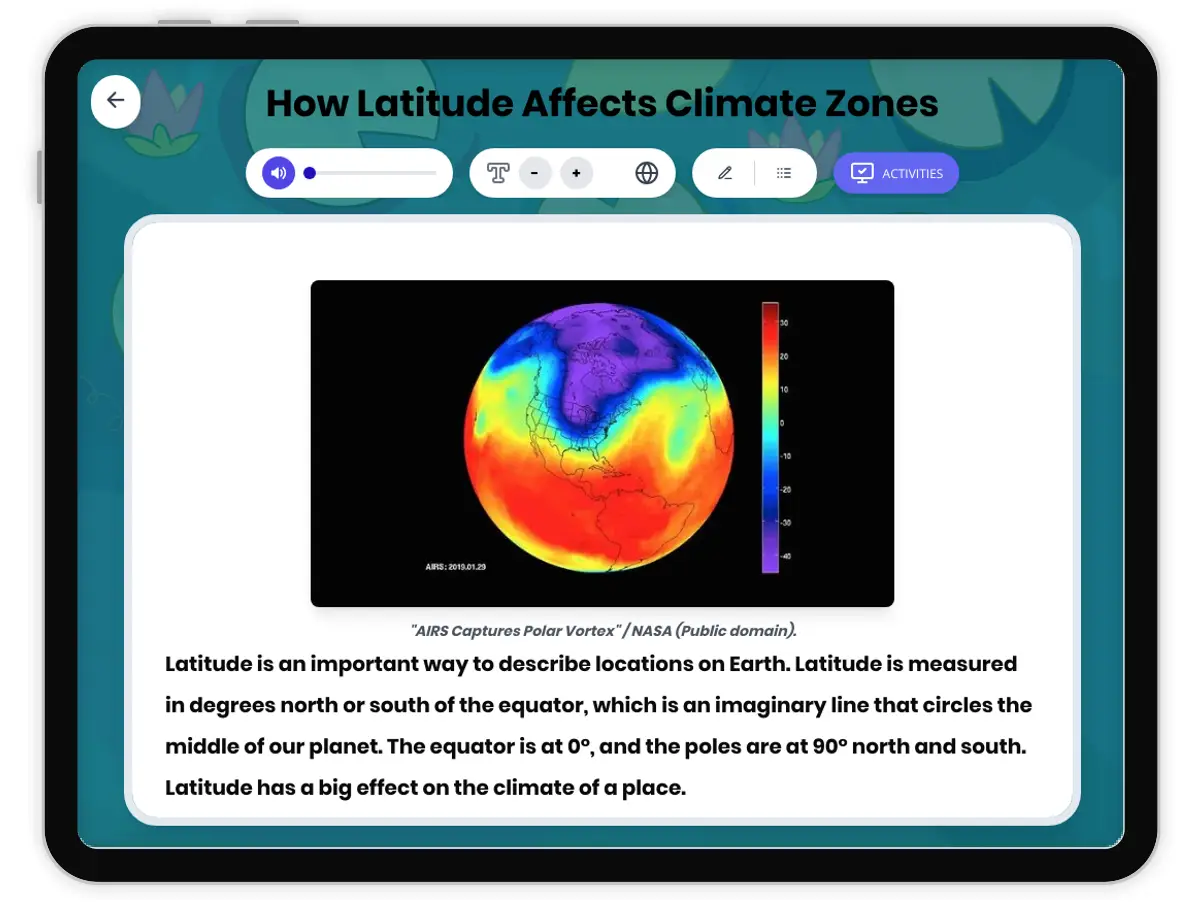 Interactive — Reading Comprehension preview: How Latitude Affects Climate Zones covering  standards - Page 1 of 1