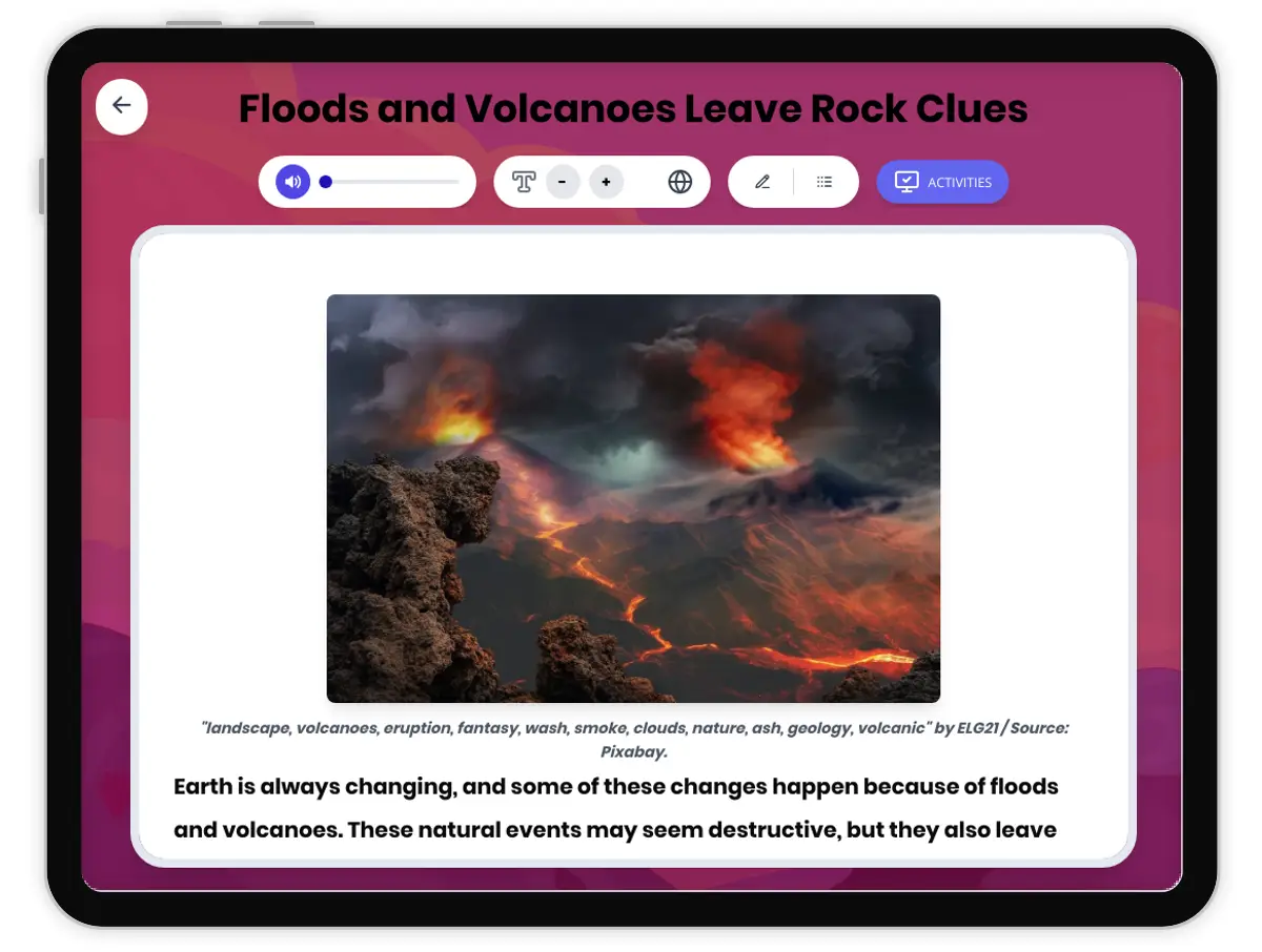 Interactive — Reading Comprehension preview: Floods and Volcanoes Leave Rock Clues covering  standards - Page 1 of 1