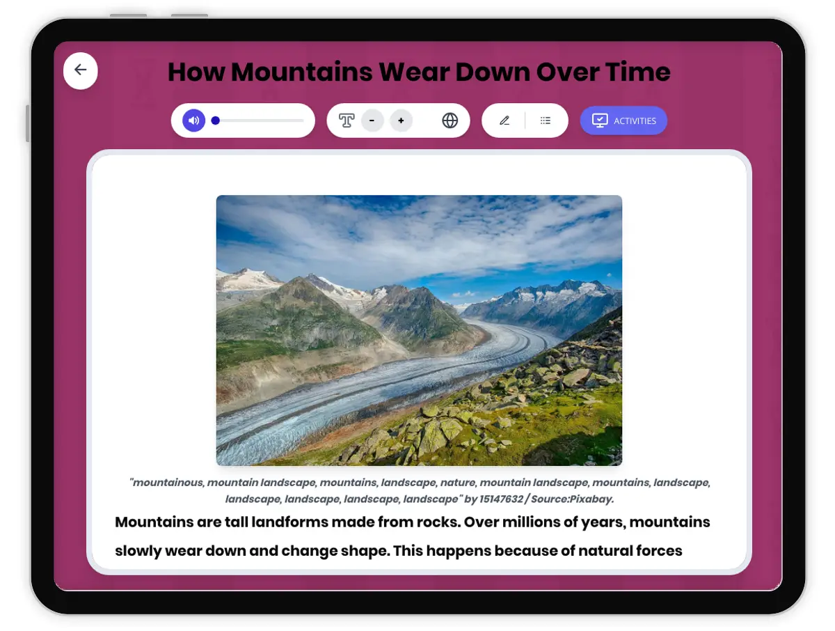 Interactive — Reading Comprehension preview: How Mountains Wear Down Over Time covering  standards - Page 1 of 1