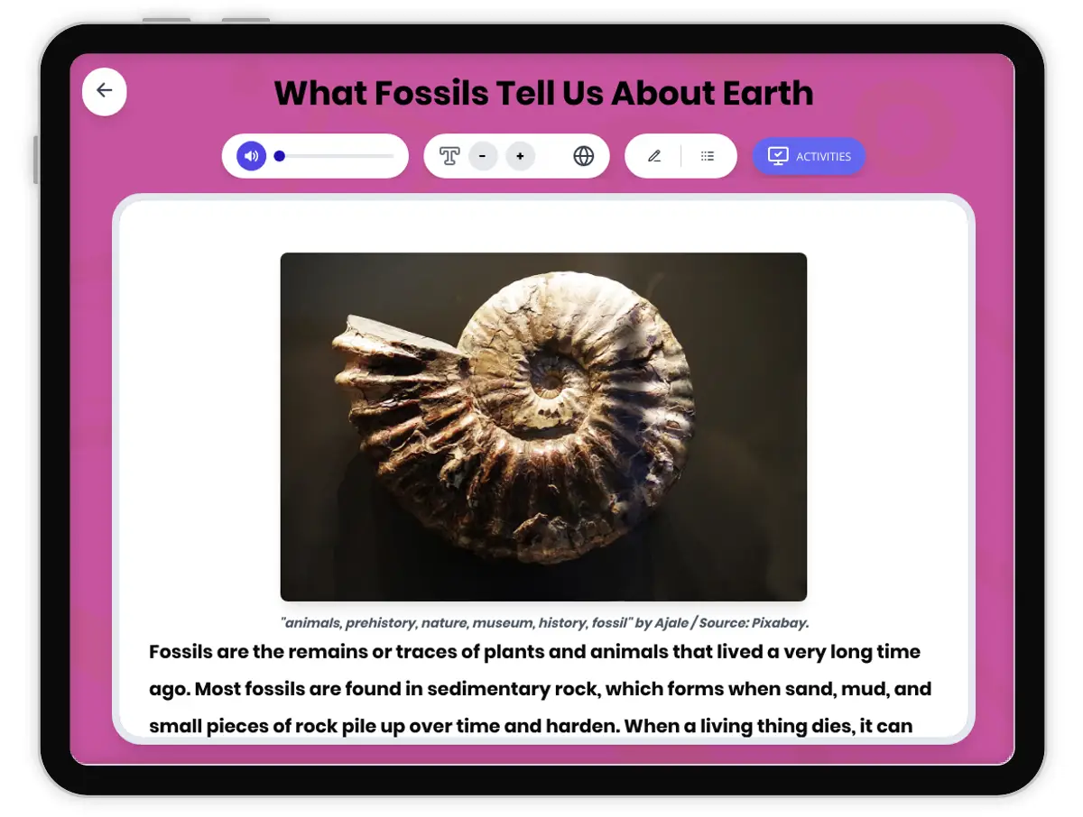 Interactive — Reading Comprehension preview: What Fossils Tell Us About Earth covering  standards - Page 1 of 1
