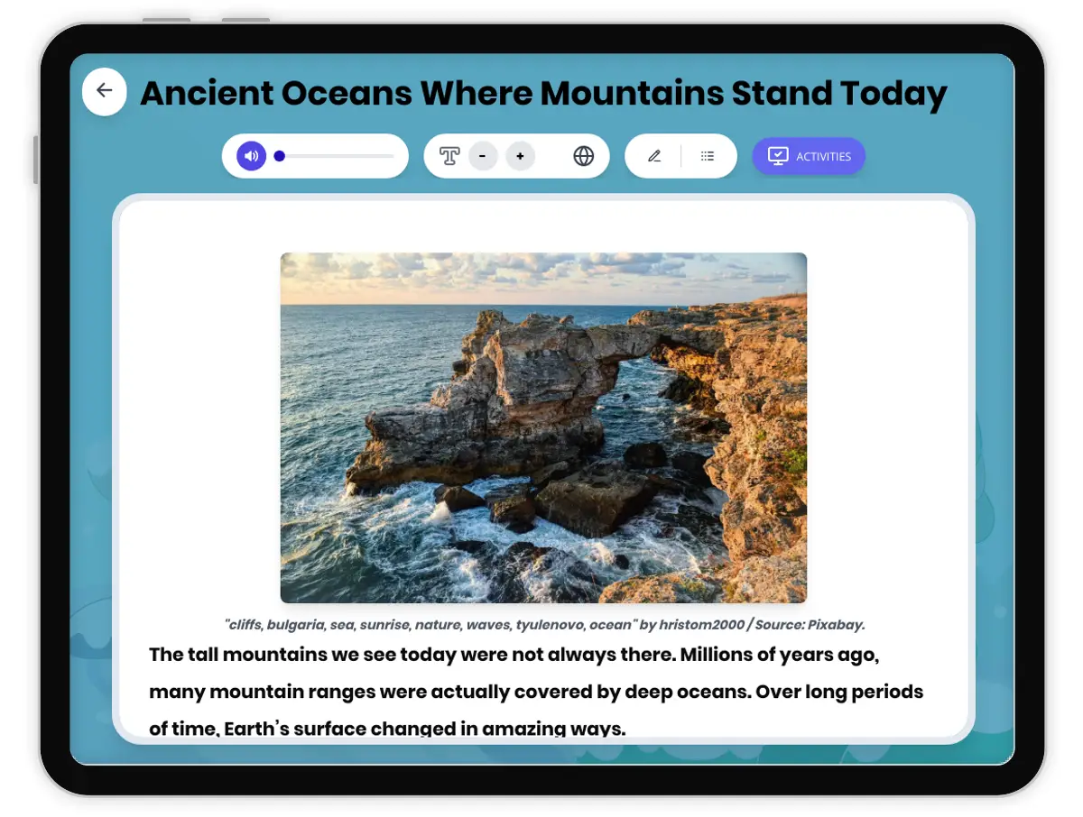 Interactive — Reading Comprehension preview: Ancient Oceans Where Mountains Stand Today covering  standards - Page 1 of 1