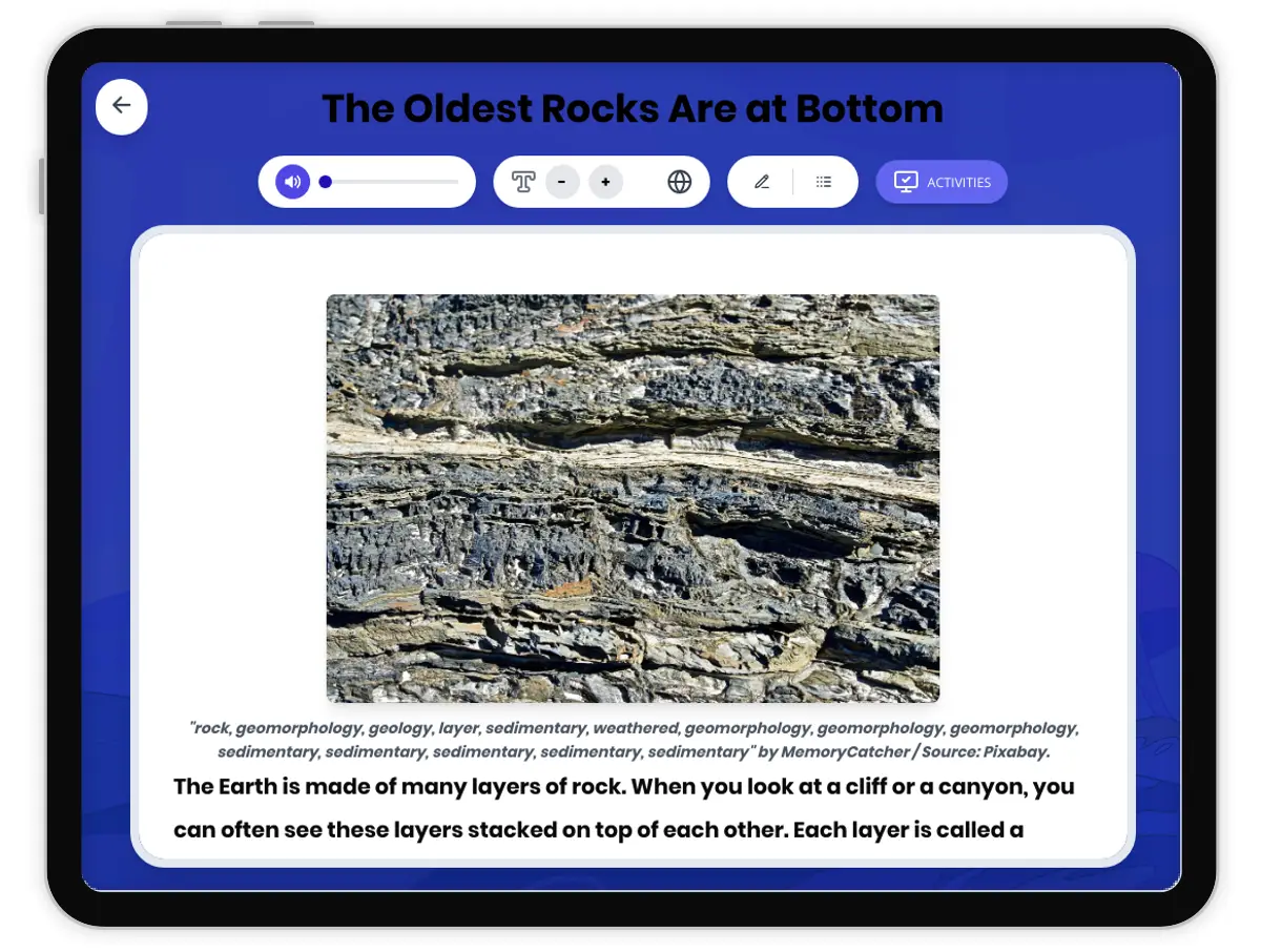 Interactive — Reading Comprehension preview: The Oldest Rocks Are at Bottom covering  standards - Page 1 of 1