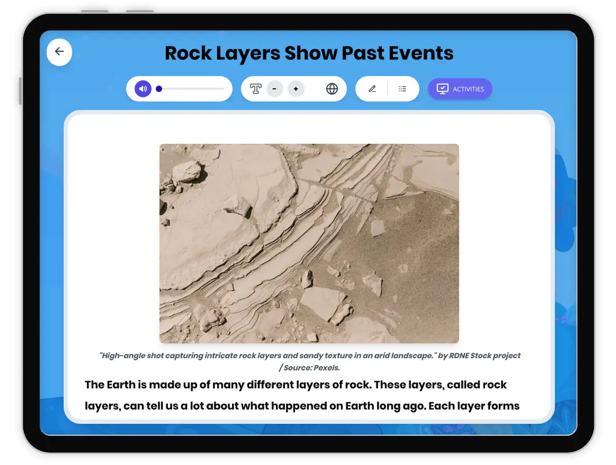 Interactive — Reading Comprehension preview: Rock Layers Show Past Events covering  standards - Page 1 of 1