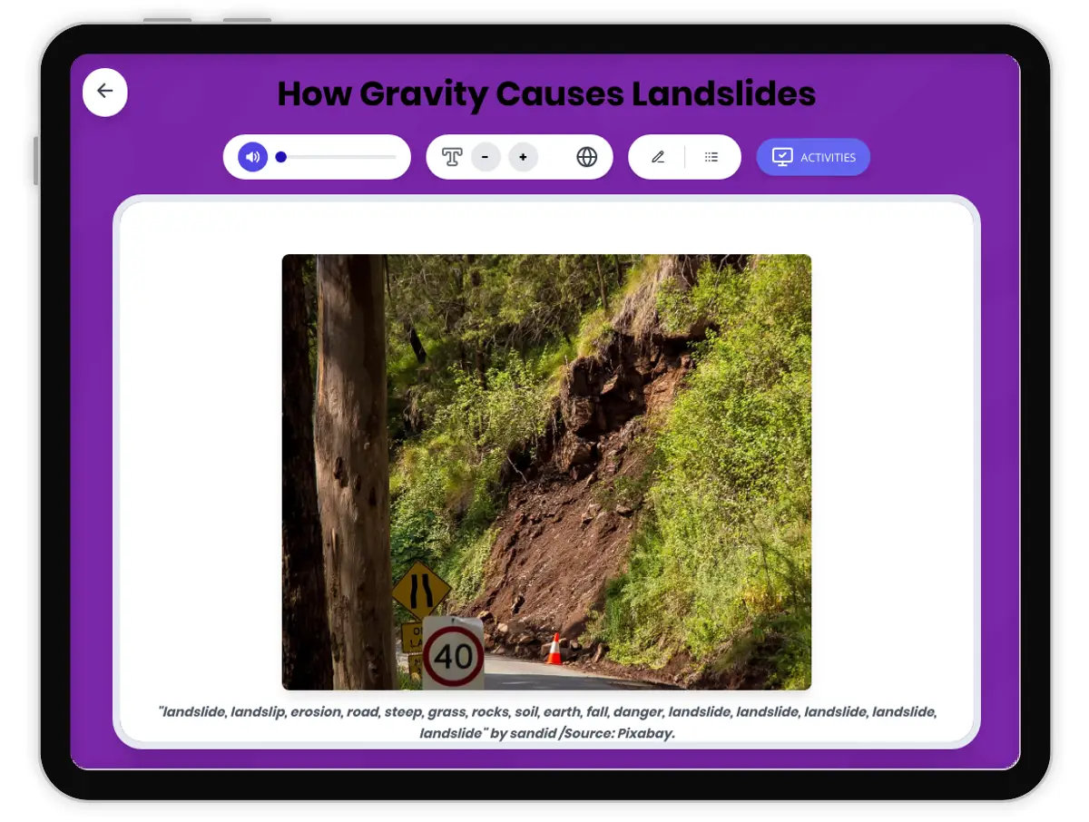 Interactive — Reading Comprehension preview: How Gravity Causes Landslides covering  standards - Page 1 of 1