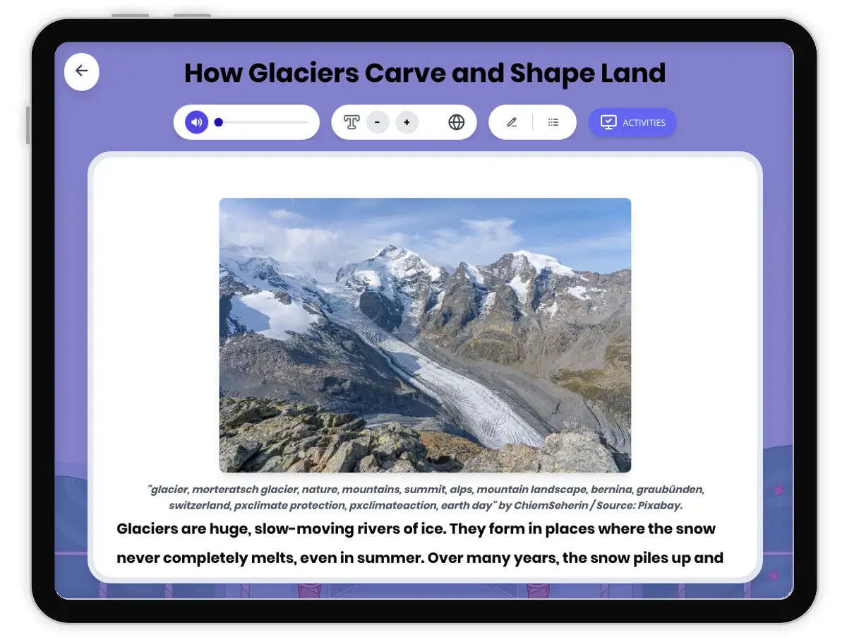 Interactive — Reading Comprehension preview: How Glaciers Carve and Shape Land covering  standards - Page 1 of 1