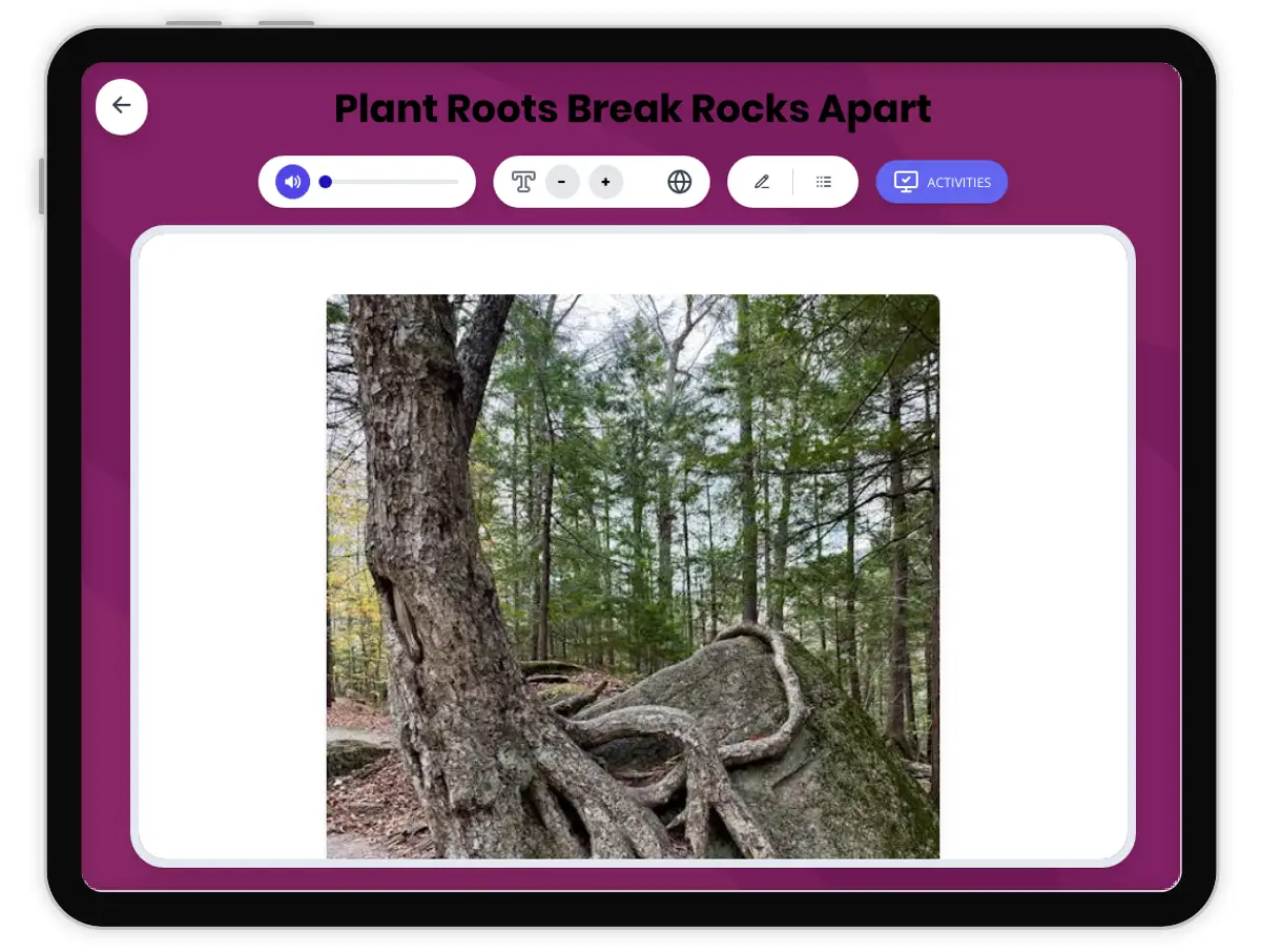 Interactive — Reading Comprehension preview: Plant Roots Break Rocks Apart covering  standards - Page 1 of 1