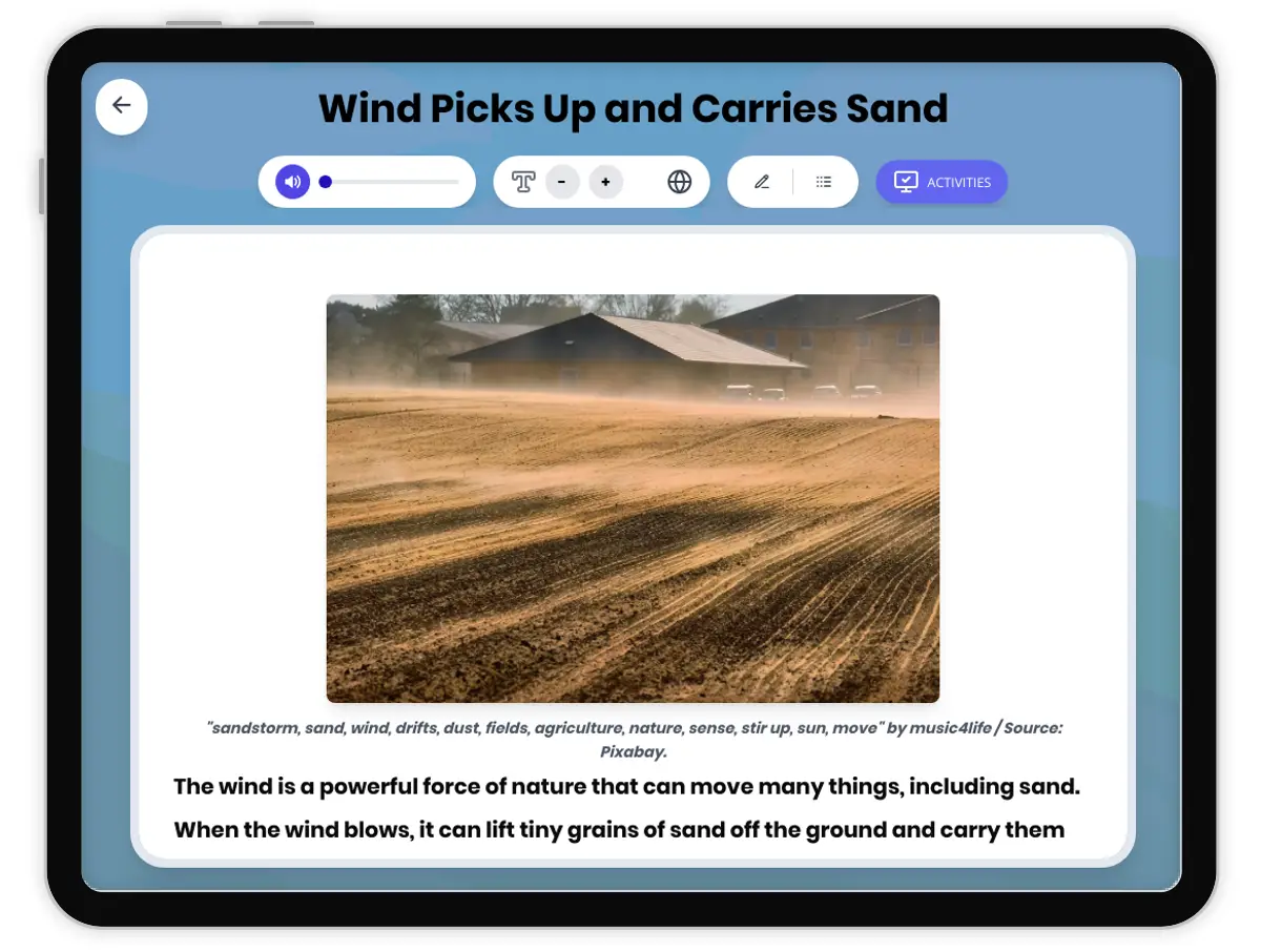 Interactive — Reading Comprehension preview: Wind Picks Up and Carries Sand covering  standards - Page 1 of 1