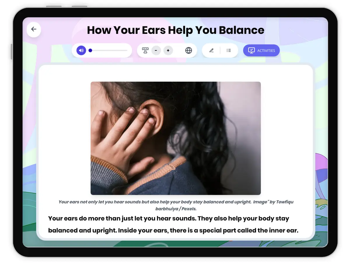 Interactive — Reading Comprehension preview: How Your Ears Help You Balance covering  standards - Page 1 of 1