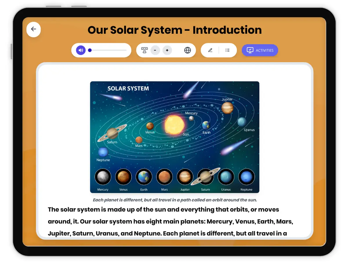 Interactive — Reading Comprehension preview: Our Solar System - Introduction covering  standards - Page 1 of 1