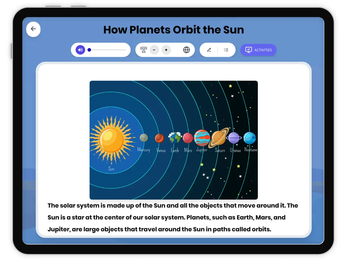Interactive — Reading Comprehension preview: How Planets Orbit the Sun covering  standards - Page 1 of 1
