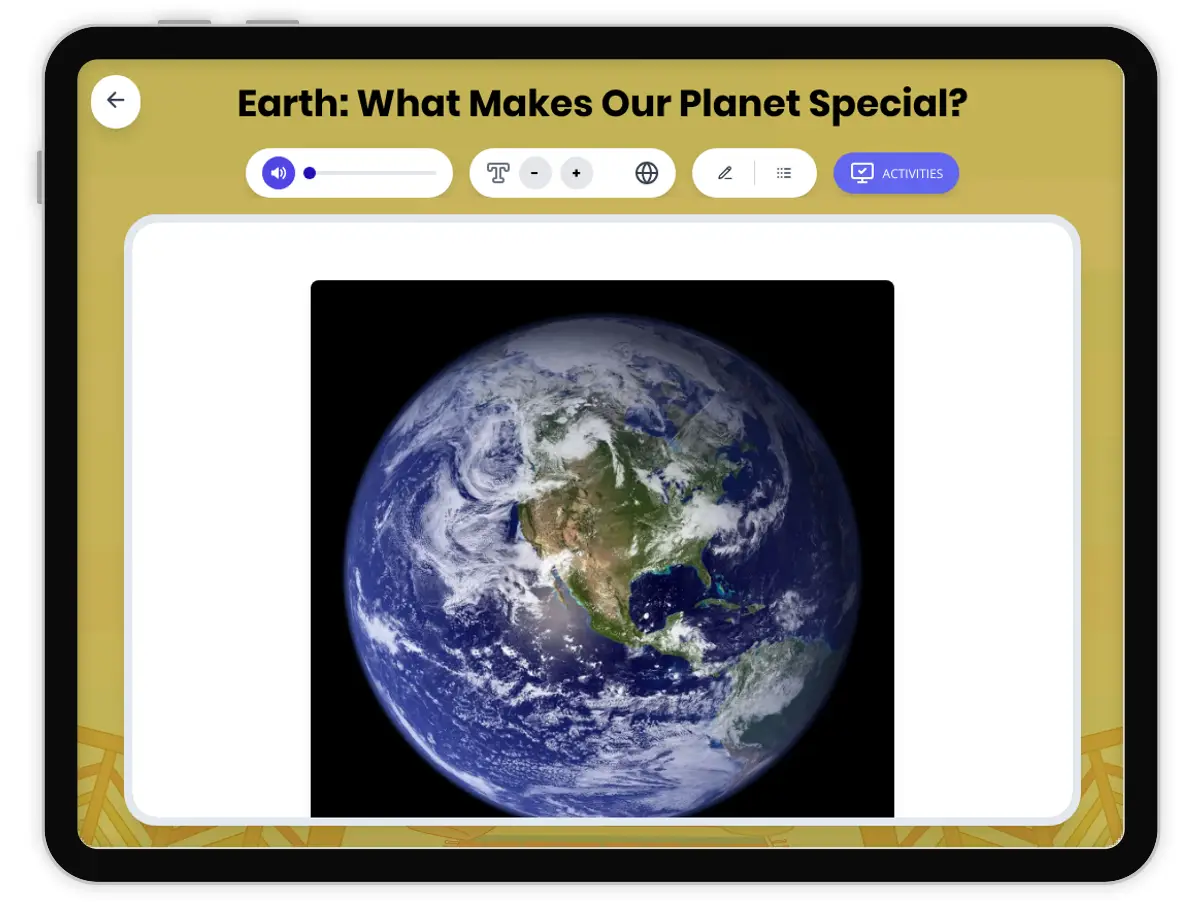 Interactive — Reading Comprehension preview: Earth: What Makes Our Planet Special? covering  standards - Page 1 of 1