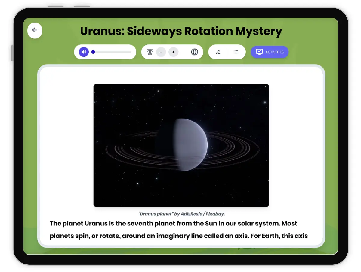 Interactive — Reading Comprehension preview: Uranus: Sideways Rotation Mystery covering  standards - Page 1 of 1