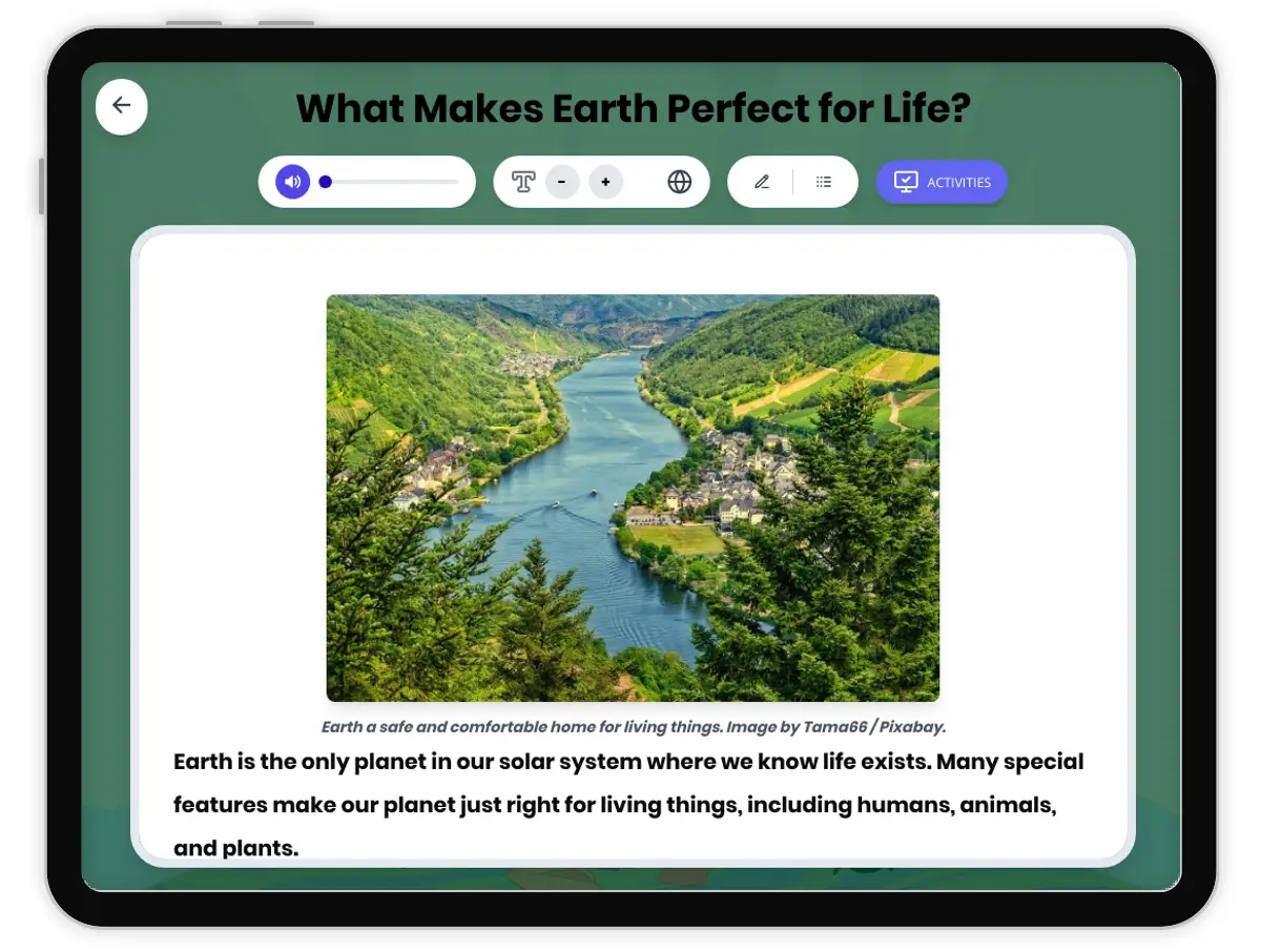 Interactive — Reading Comprehension preview: What Makes Earth Perfect for Life? covering  standards - Page 1 of 1