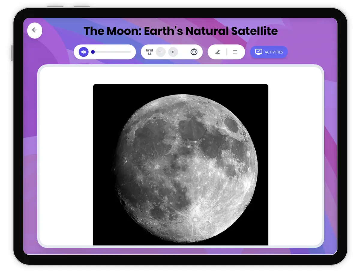 Interactive — Reading Comprehension preview: The Moon: Earth's Natural Satellite covering  standards - Page 1 of 1