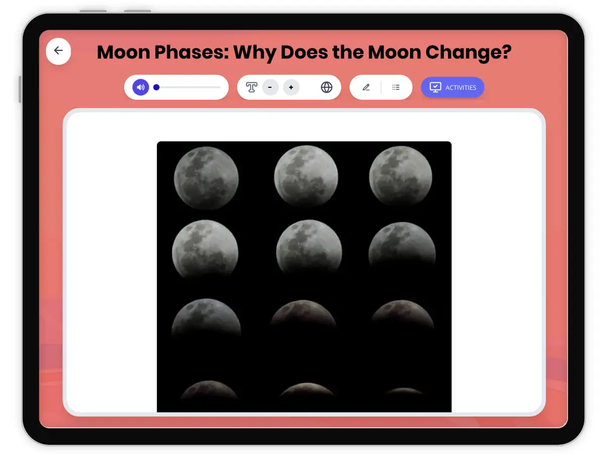 Interactive — Reading Comprehension preview: Moon Phases: Why Does the Moon Change? covering  standards - Page 1 of 1