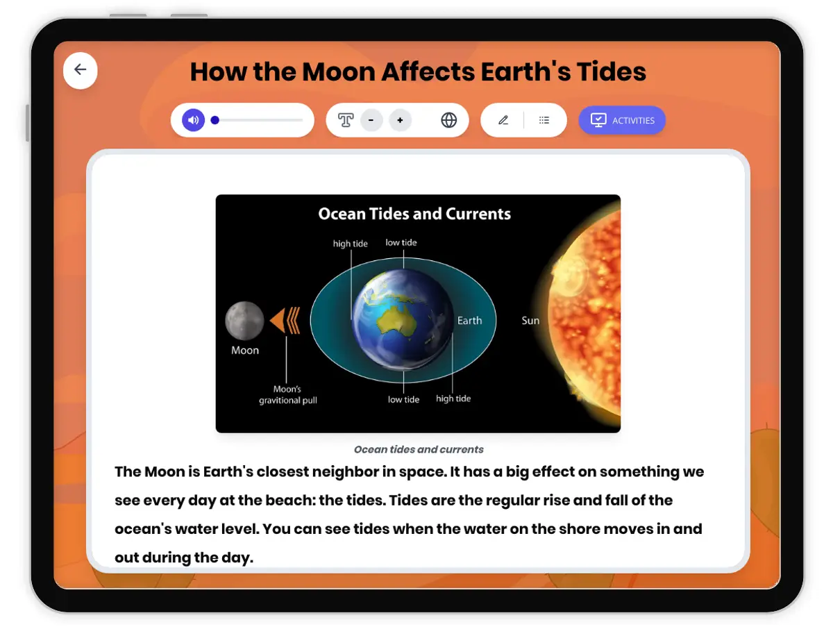 Interactive — Reading Comprehension preview: How the Moon Causes Tides covering  standards - Page 1 of 1