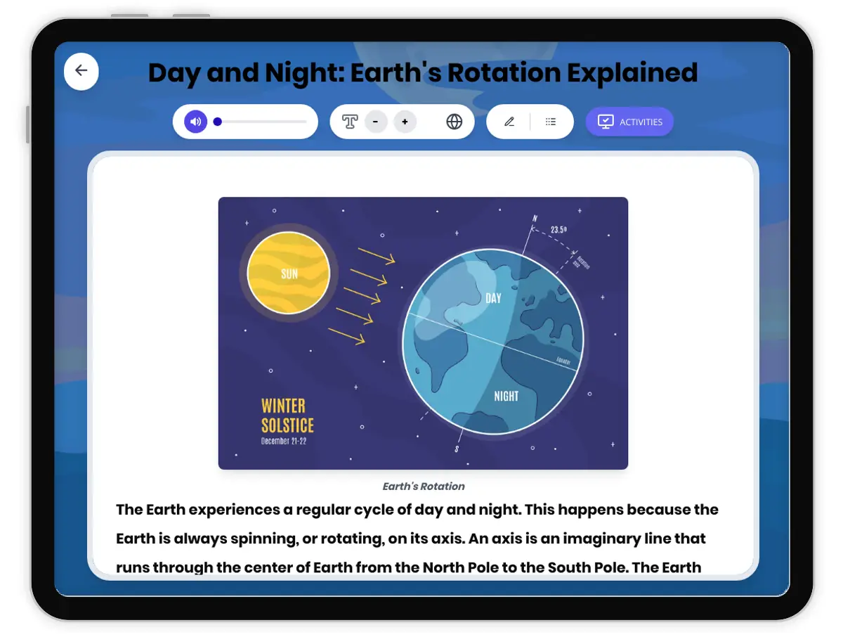 Interactive — Reading Comprehension preview: Day and Night: Earth's Rotation Explained covering  standards - Page 1 of 1