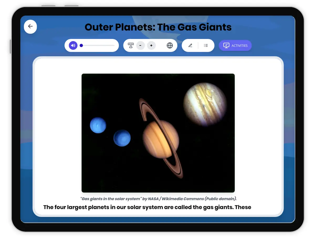 Interactive — Reading Comprehension preview: Outer Planets: The Gas Giants covering  standards - Page 1 of 1