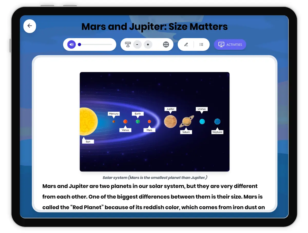Interactive — Reading Comprehension preview: Mars and Jupiter: Big and Small Planet covering  standards - Page 1 of 1