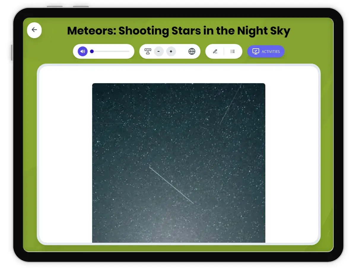 Interactive — Reading Comprehension preview: What Are Meteors? covering  standards - Page 1 of 1