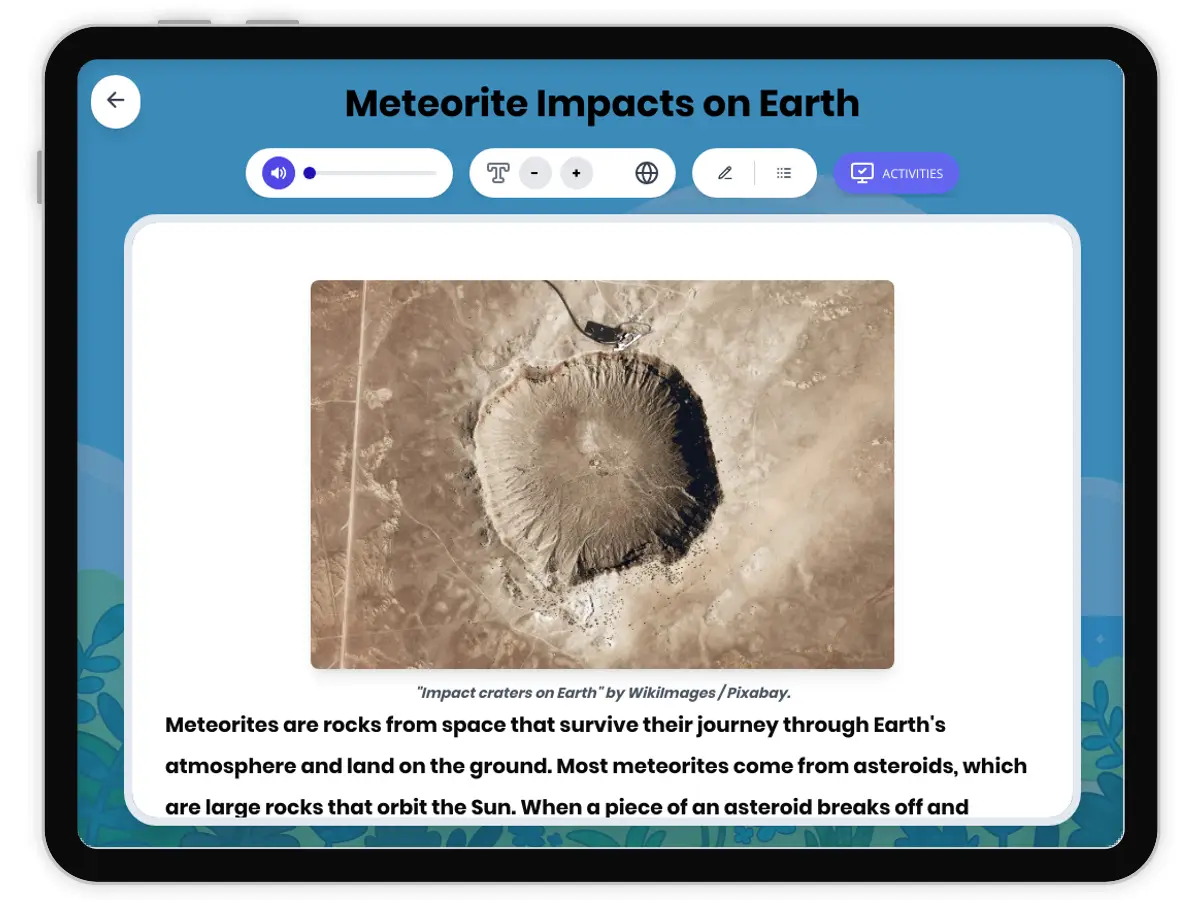 Interactive — Reading Comprehension preview: Meteorite Impacts on Earth covering  standards - Page 1 of 1