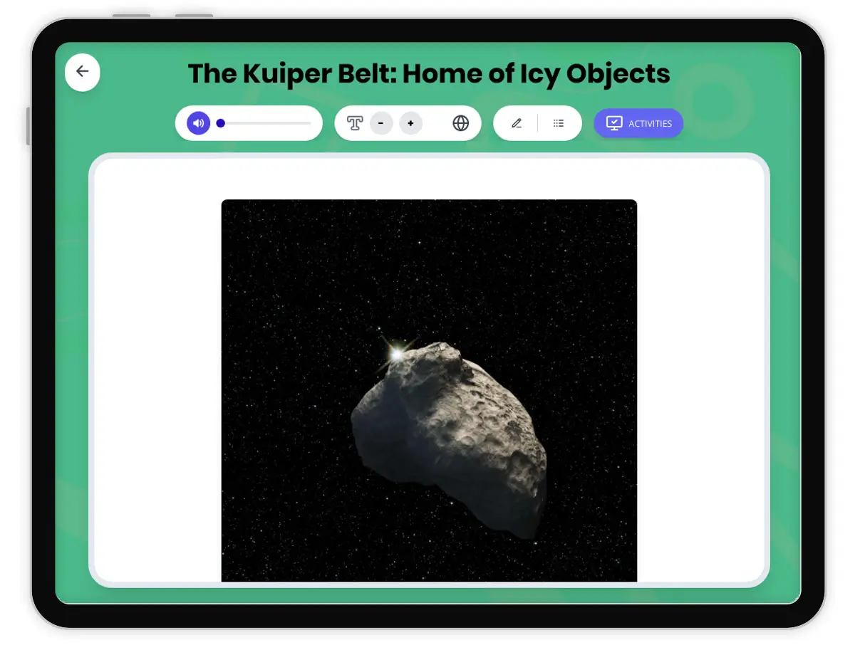Interactive — Reading Comprehension preview: The Kuiper Belt covering  standards - Page 1 of 1