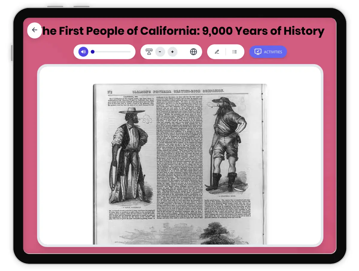 Interactive — Reading Comprehension preview: The First People of California: 9,000 Years of History covering D2.HIS.1.3-5, D2.HIS.2.3-5, D2.HIS.3.3-5, RI.4.3, RI.4.4, W.4.2 standards - Page 1 of 1