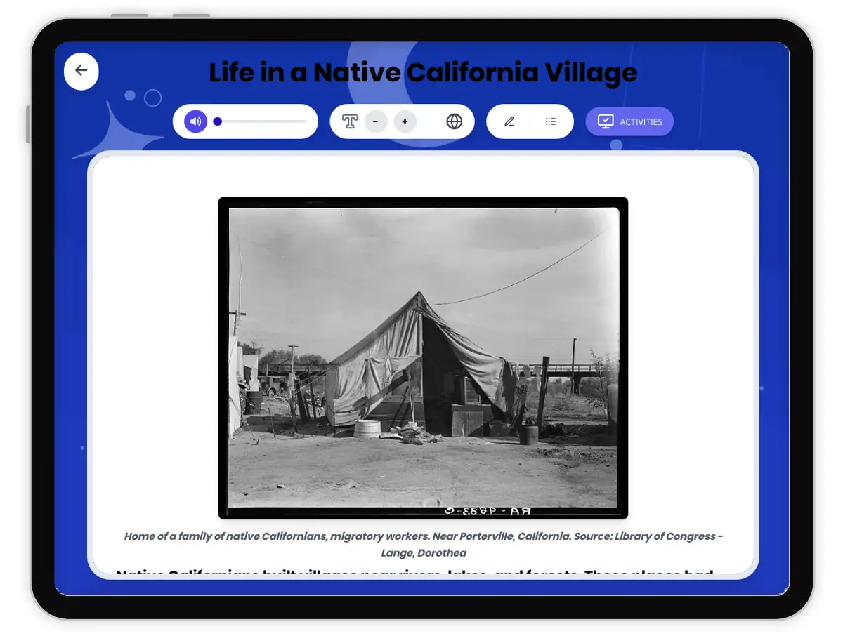 Interactive — Reading Comprehension preview: Life in a Native California Village covering D2.HIS.2.3-5, D2.HIS.3.3-5, RI.4.3, RI.4.4, W.4.2 standards - Page 1 of 1