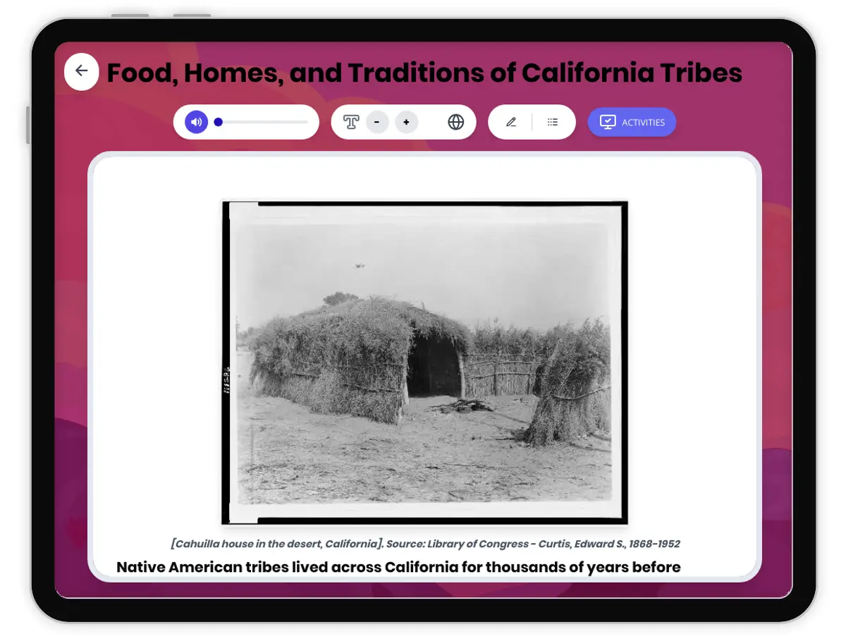Interactive — Reading Comprehension preview: California Native Food, Homes, and Traditions covering D2.HIS.2.3-5, D2.HIS.3.3-5, RI.4.3, RI.4.4, W.4.2 standards - Page 1 of 1