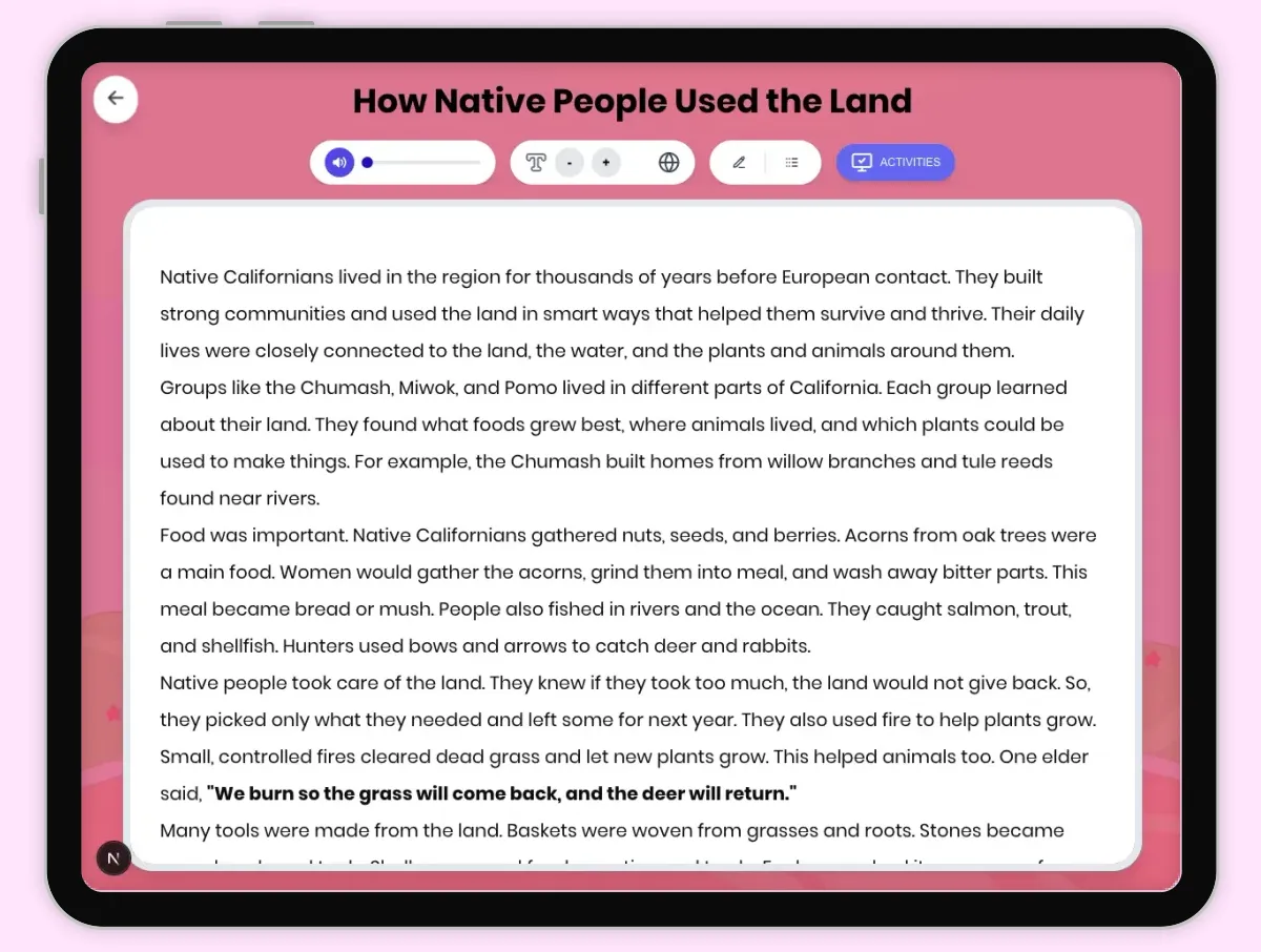 Interactive — Reading Comprehension preview: How Native People Used the Land covering D2.HIS.2.3-5, D2.GEO.5.3-5, RI.4.1, RI.4.3, W.4.2 standards - Page 1 of 1