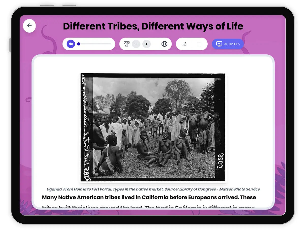 Interactive — Reading Comprehension preview: Different Tribes, Different Ways of Life covering D2.HIS.1.3-5, D2.HIS.2.3-5, RI.4.3, RI.4.4, W.4.2 standards - Page 1 of 1