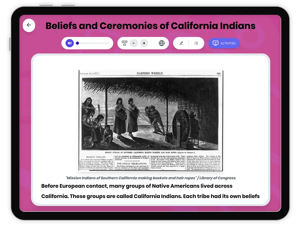 Interactive — Reading Comprehension preview: Beliefs and Ceremonies of California Indians covering D2.HIS.2.3-5, D2.HIS.3.3-5, RI.4.3, RI.4.4, W.4.2 standards - Page 1 of 1