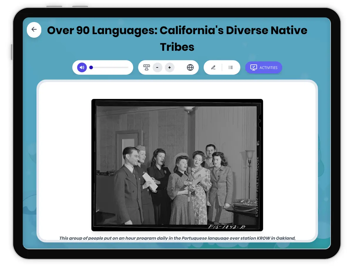 Interactive — Reading Comprehension preview: Over 90 Languages: California's Diverse Native Tribes covering D2.HIS.2.3-5, D2.HIS.3.3-5, D2.GEO.2.3-5, RI.4.3, RI.4.4, W.4.2 standards - Page 1 of 1