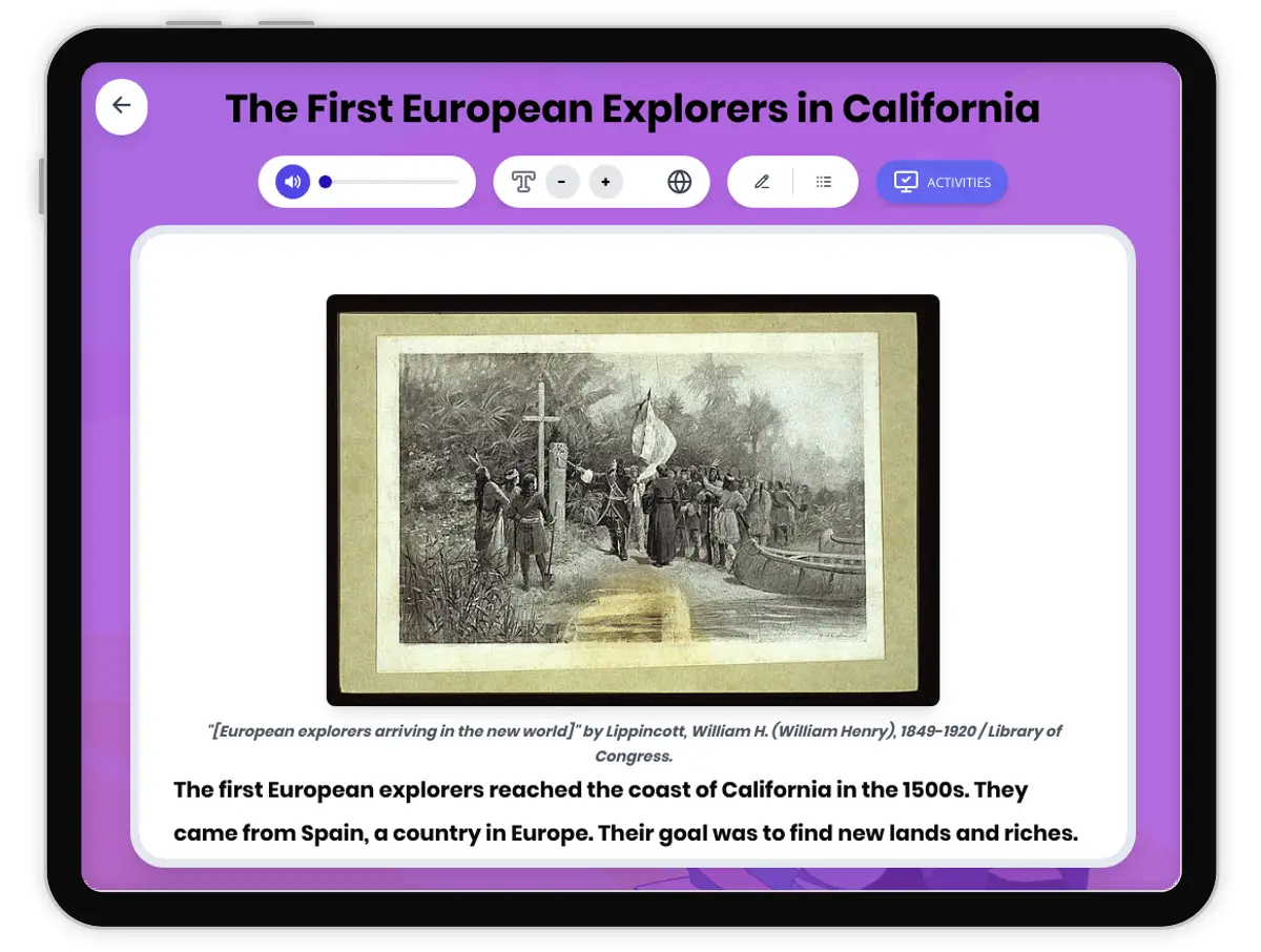 Interactive — Reading Comprehension preview: European Explorers in California covering D2.HIS.1.3-5, D2.HIS.2.3-5, RI.4.3, RI.4.4, W.4.2 standards - Page 1 of 1