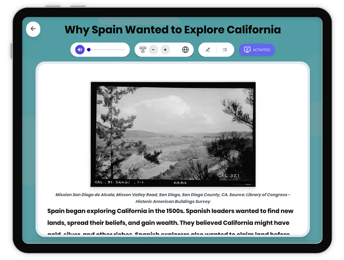 Interactive — Reading Comprehension preview: Why Spain Wanted to Explore California covering D2.HIS.1.3-5, D2.HIS.2.3-5, D2.HIS.3.3-5, RI.4.3, RI.4.4, W.4.2 standards - Page 1 of 1