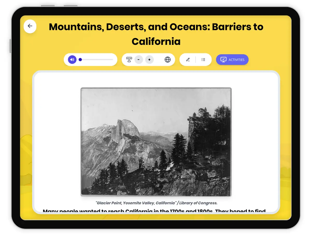 Interactive — Reading Comprehension preview: Mountains, Deserts, and Oceans: Barriers to California covering D2.HIS.2.3-5, D2.GEO.2.3-5, RI.4.3, RI.4.4, W.4.2 standards - Page 1 of 1