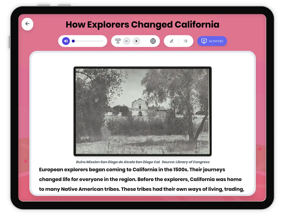 Interactive — Reading Comprehension preview: How Explorers Changed California covering D2.HIS.2.3-5, D2.HIS.3.3-5, RI.4.3, RI.4.4, W.4.2 standards - Page 1 of 1
