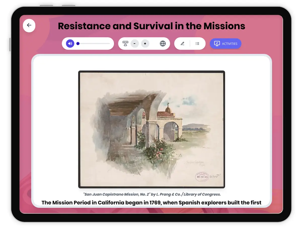 Interactive — Reading Comprehension preview: Resistance and Survival in the Missions covering D2.HIS.2.3-5, D2.HIS.3.3-5, RI.4.3, RI.4.4, W.4.2 standards - Page 1 of 1