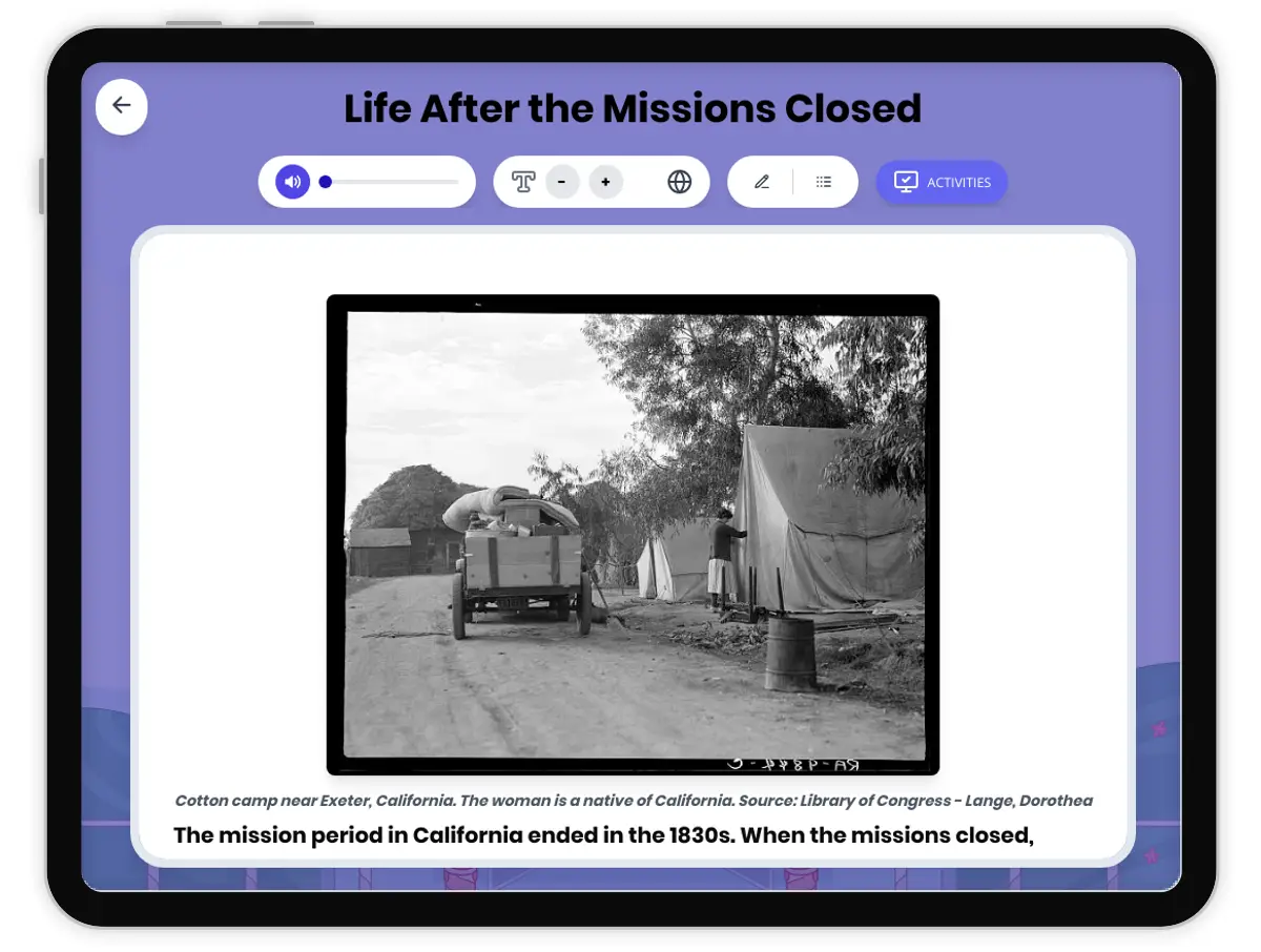 Interactive — Reading Comprehension preview: Life After the Missions Closed covering D2.HIS.1.3-5, D2.HIS.2.3-5, RI.4.3, RI.4.4, W.4.2 standards - Page 1 of 1
