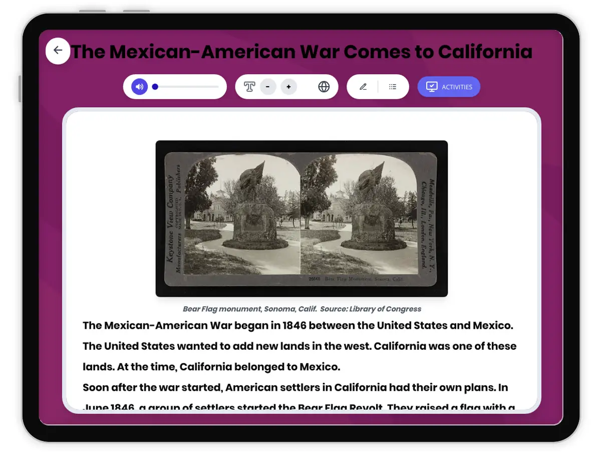 Interactive — Reading Comprehension preview: The Mexican-American War Comes to California covering D2.HIS.2.3-5, D2.HIS.6.3-5, RI.4.3, RI.4.4, W.4.2 standards - Page 1 of 1