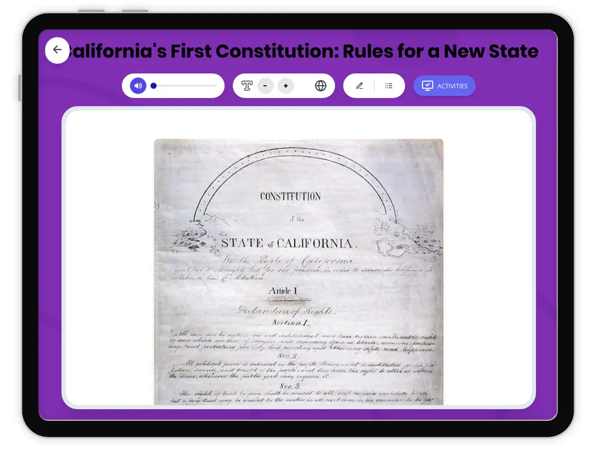 Interactive — Reading Comprehension preview: California's First Constitution: Rules for a New State covering D2.HIS.2.3-5, D2.HIS.6.3-5, RI.4.3, RI.4.4, W.4.2 standards - Page 1 of 1