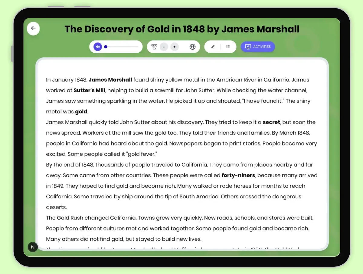 Interactive — Reading Comprehension preview: The Discovery of Gold in 1848 by James Marshall covering D2.HIS.1.3-5, D2.HIS.2.3-5, D2.HIS.3.3-5, RI.4.1, RI.4.3, RI.4.4, W.4.2 standards - Page 1 of 1