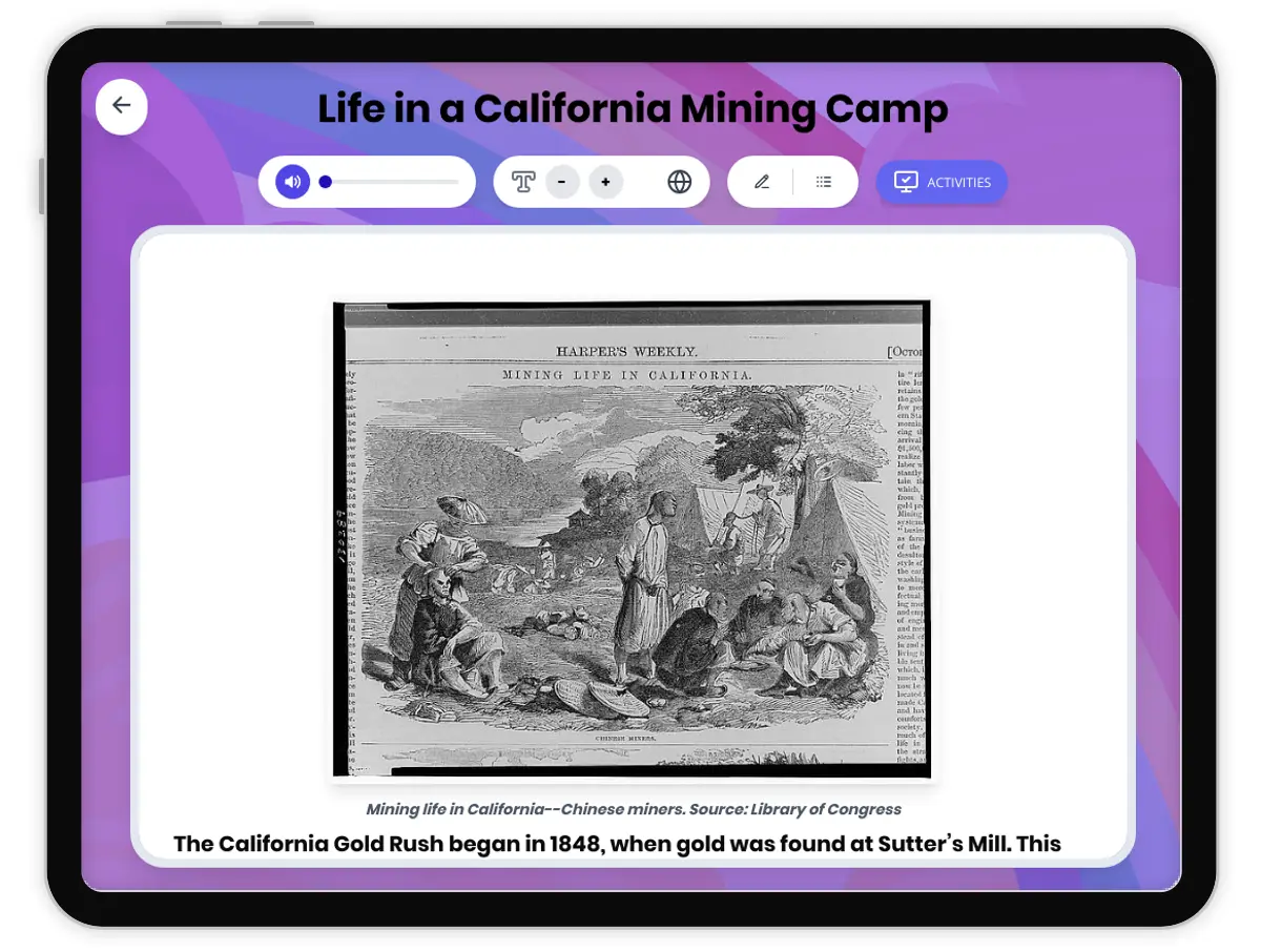 Interactive — Reading Comprehension preview: Life in a California Mining Camp covering D2.HIS.2.3-5, D2.HIS.3.3-5, D2.HIS.16.3-5, RI.4.3, RI.4.4, W.4.2 standards - Page 1 of 1