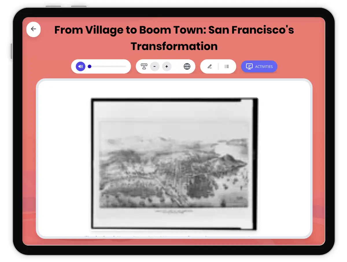 Interactive — Reading Comprehension preview: From Village to Boom Town: San Francisco's Transformation covering D2.HIS.2.3-5, D2.HIS.3.3-5, RI.4.3, RI.4.4, W.4.2 standards - Page 1 of 1
